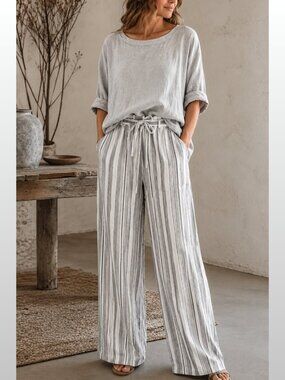 Striped White & Gray Linen Blend Wide Leg Pants L Coastal Resort Minimalist EUC
